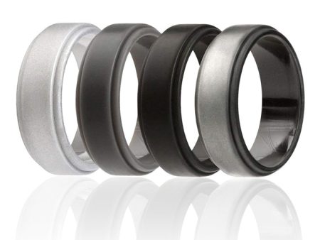 ROQ Silicone Wedding Ring - Step Edge Style Set by ROQ for Men - 4 x 9 mm Beveled Metalic Platinum, Black, Grey, Silver Cheap