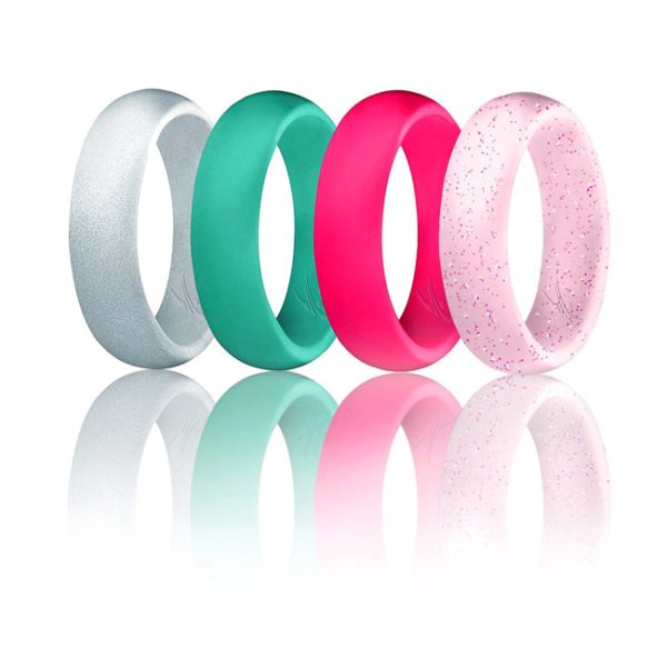 ROQ Silicone Wedding Ring - Dome Style Set by ROQ for Women - 4 x 8 mm Pink, Turquoise, White with Pink Glitter, Silver For Discount