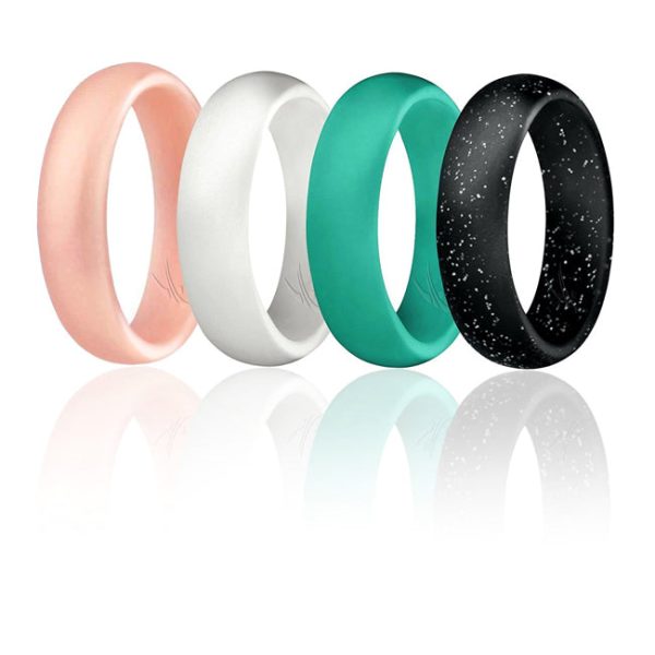 ROQ Silicone Wedding Ring - Dome Style Set by ROQ for Women - 4 x 7 mm Turquoise, Rose Gold, White, Black with Glitter Silver Fashion