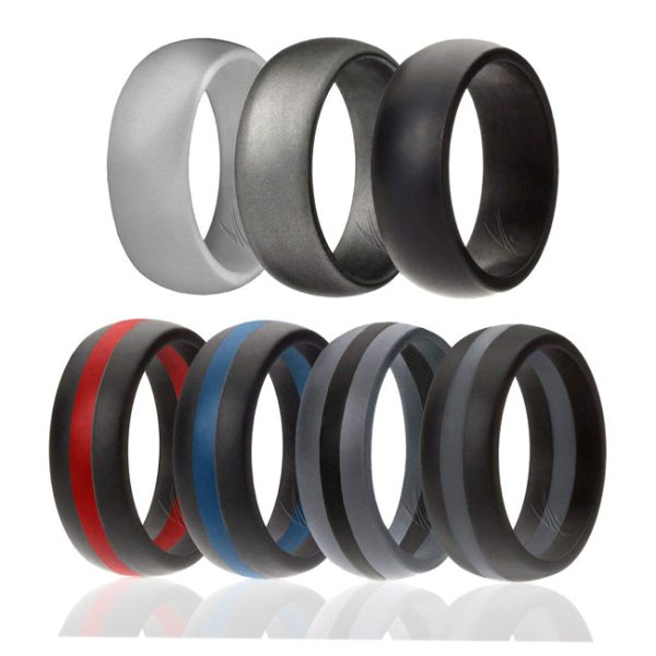 ROQ Silicone Wedding Ring - Dome Style with Middle Line Set by ROQ for Men - 7 x 7 mm Light Grey, Platinum, Black, Black with Thin Red Line, Black with Thin Blue Line, Grey with Black Line, Black with Grey Line Supply