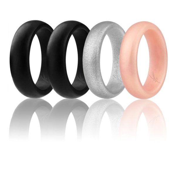 ROQ Silicone Wedding Ring - Dome Style Set by ROQ for Women - 4 x 9 mm Rose Gold, Black, Silver on Sale